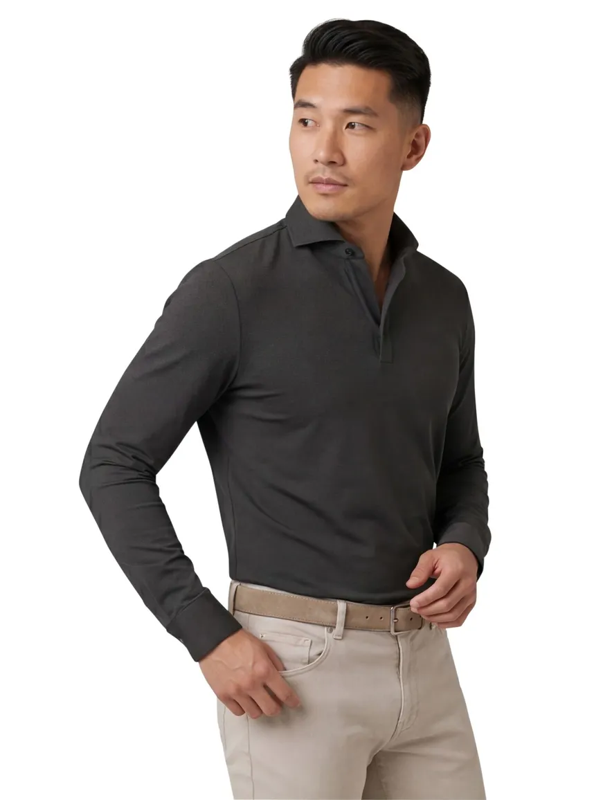 John Miller Shirt polo donkergroen lange mouw rits effen