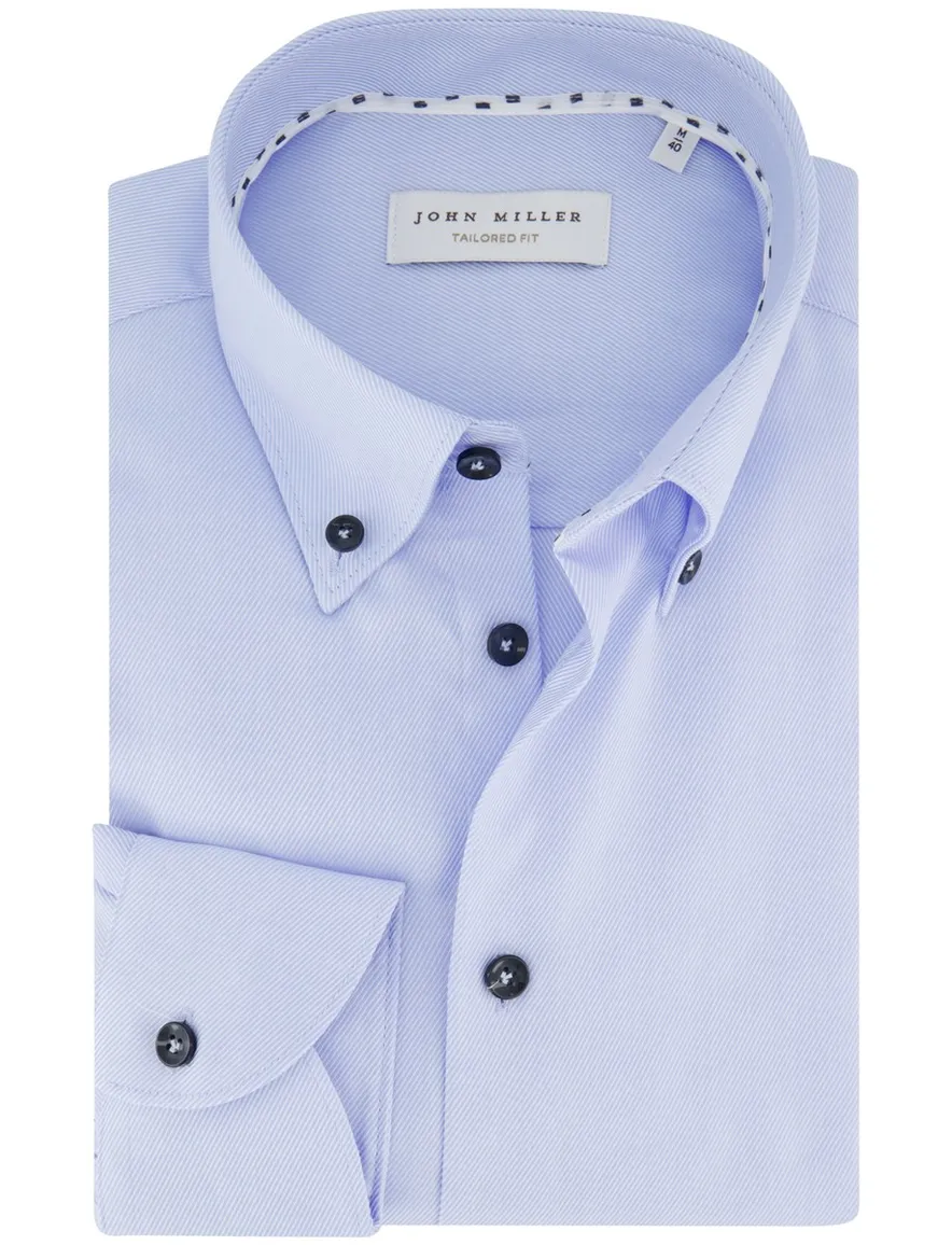 John Miller Tailored Fit Overhemd Blauw mouwlengte 7 katoen effen