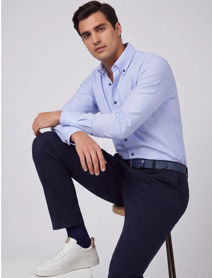 Overhemd John Miller Tailored Fit Blauw mouwlengte 7 katoen effen