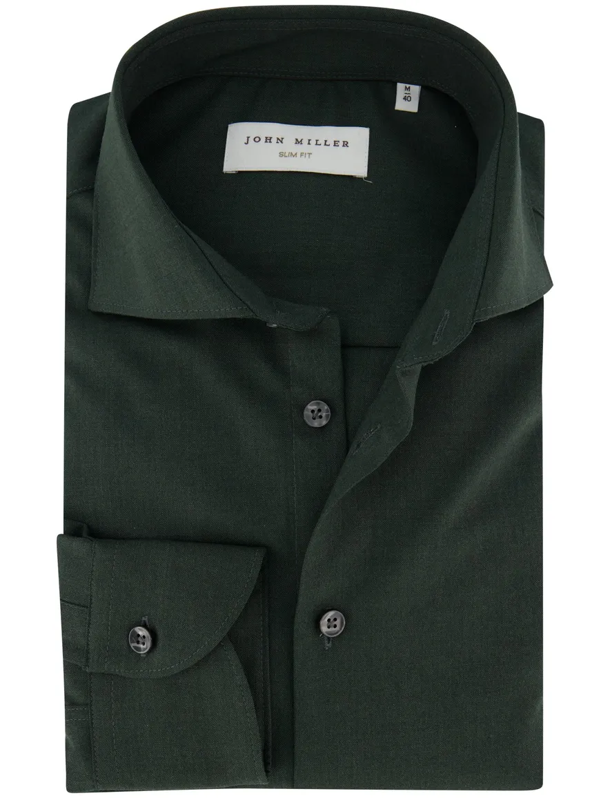 John Miller Slim Fit overhemd ml7 donkergroen wolblend