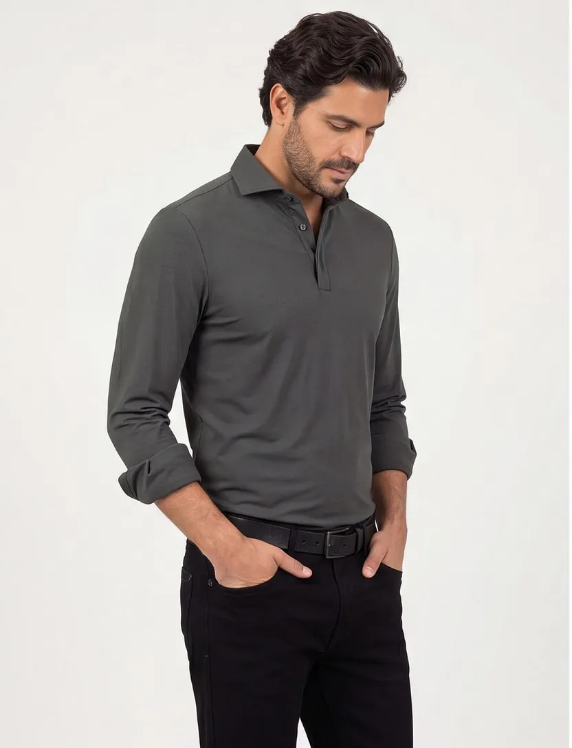 Poloshirt John Miller Slim fit antraciet mouwlengte 7 rits
