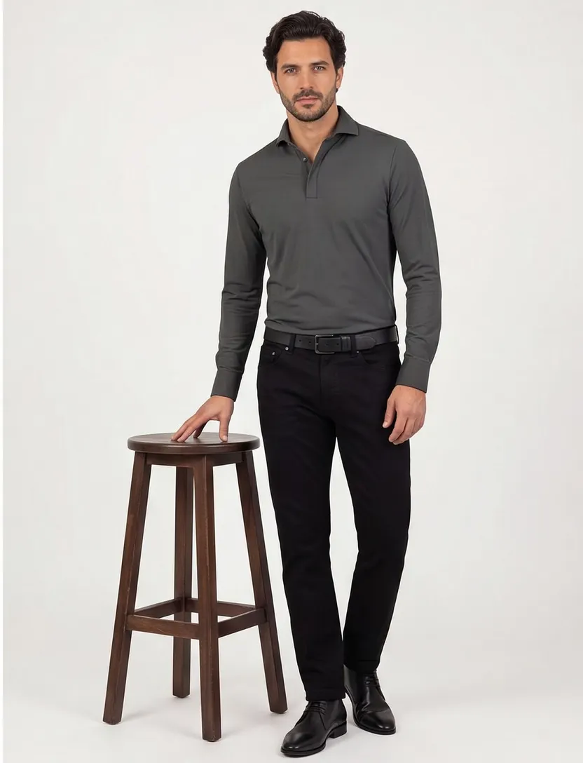 Poloshirt John Miller Slim fit antraciet mouwlengte 7 rits