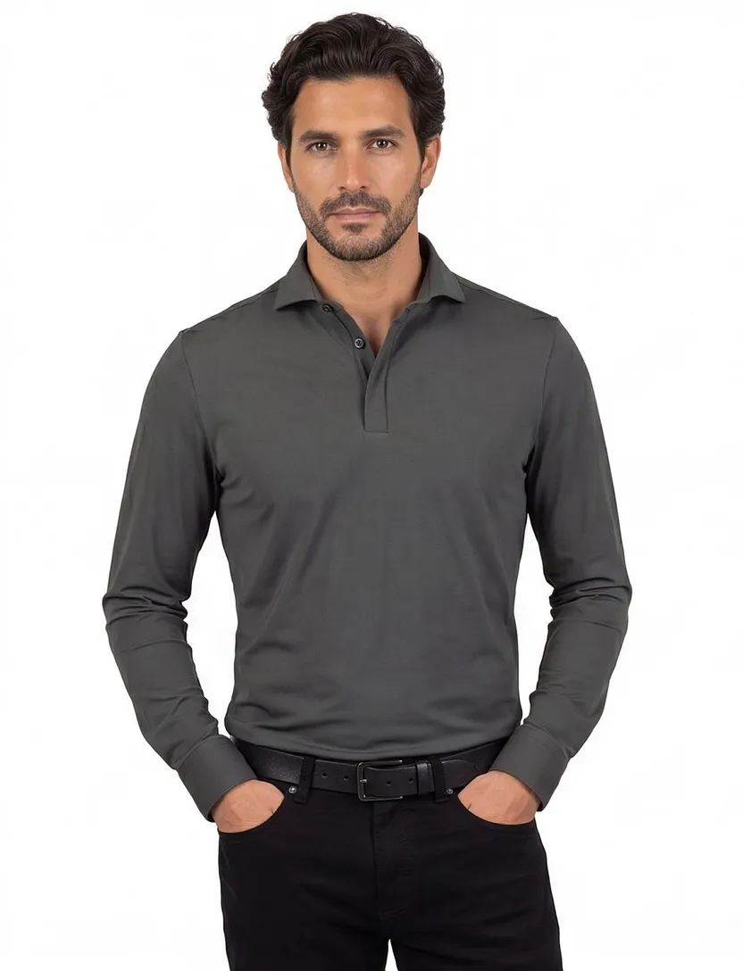 Poloshirt John Miller Slim fit antraciet mouwlengte 7 rits
