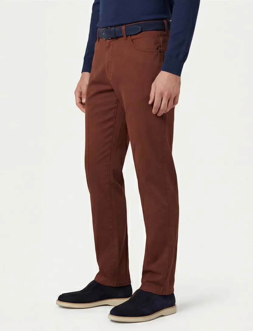 Katoenen Meyer Dublin 5-pocket broek effen bruin