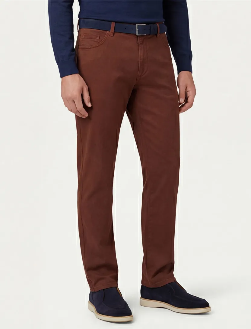 Katoenen Meyer Dublin 5-pocket broek effen bruin