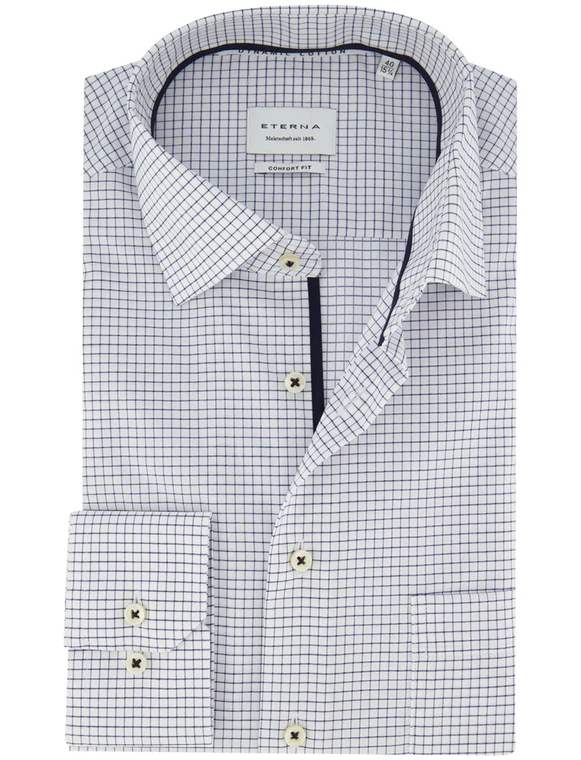 Overhemd Eterna Comfort Fit geruit wit donkerblauw strijkvrij
