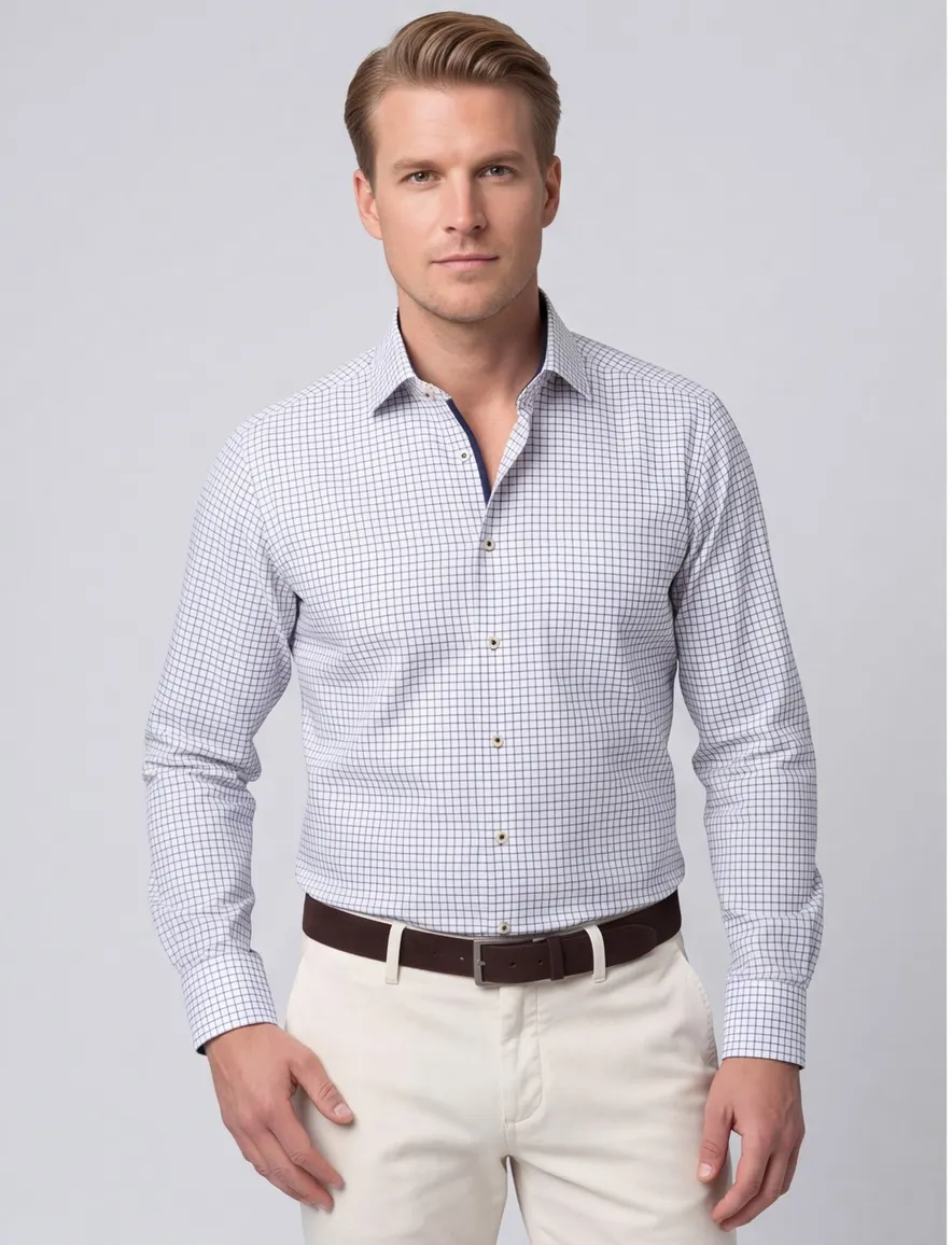 Eterna Comfort Fit Overhemd geruit wit donkerblauw strijkvrij