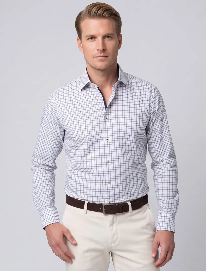 Overhemd Eterna Comfort Fit geruit wit donkerblauw strijkvrij