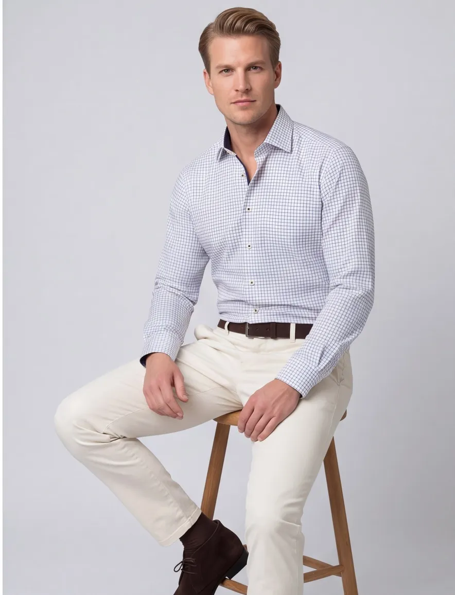 Eterna Comfort Fit Overhemd geruit wit donkerblauw strijkvrij