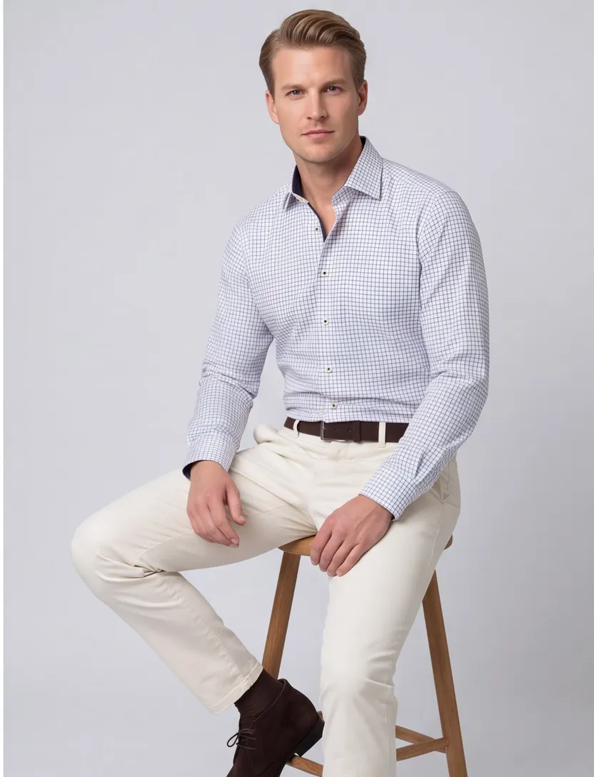 Overhemd Eterna Comfort Fit geruit wit donkerblauw strijkvrij