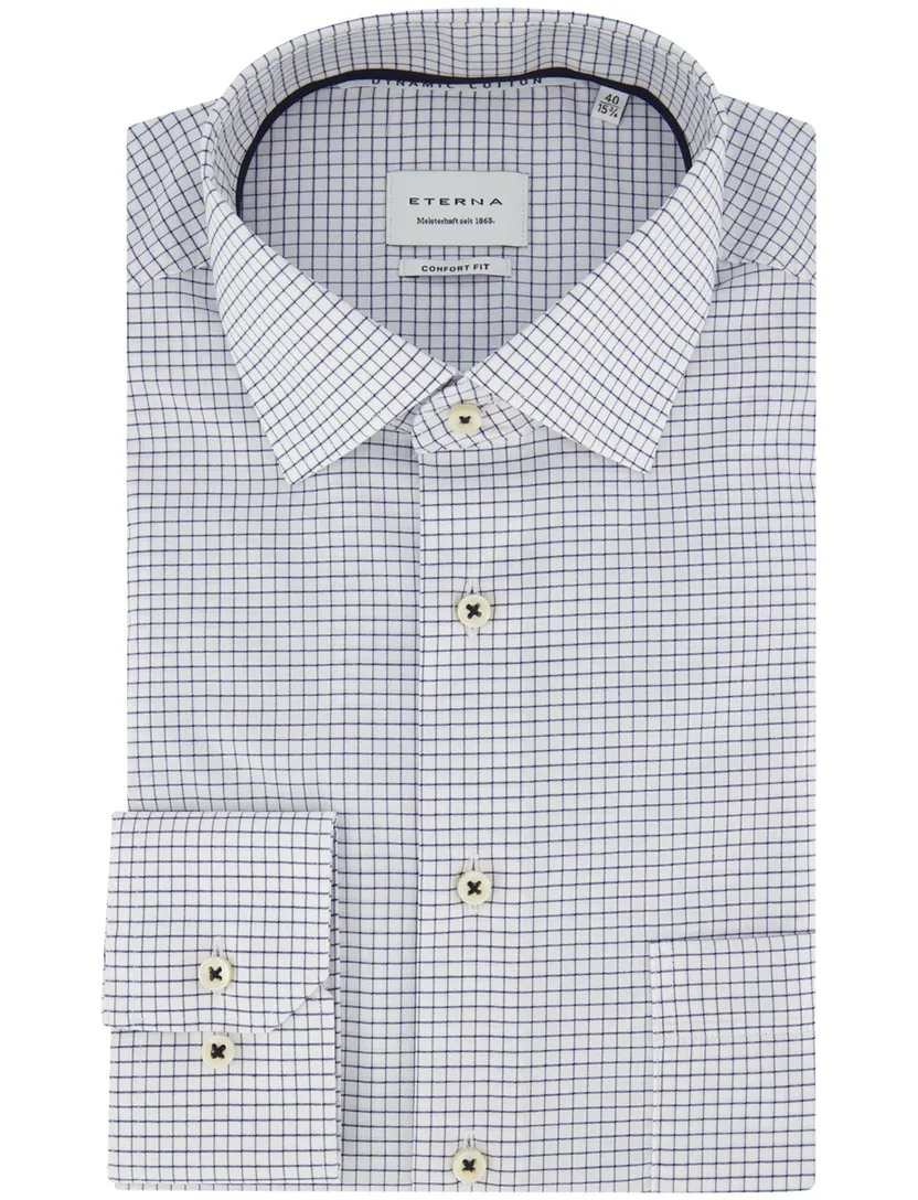 Overhemd Eterna Comfort Fit geruit wit donkerblauw strijkvrij