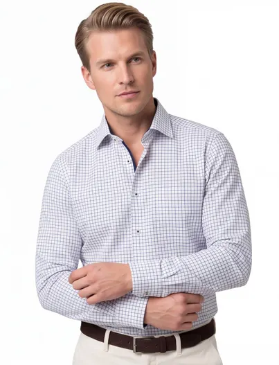 Eterna Eterna Comfort Fit Overhemd geruit wit donkerblauw strijkvrij