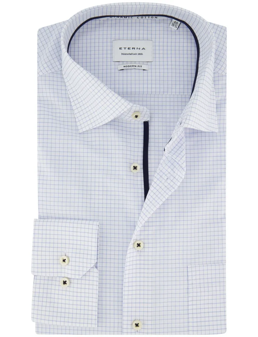 Overhemd Eterna Modern Fit wit geruit blauwe streep strijkvrij