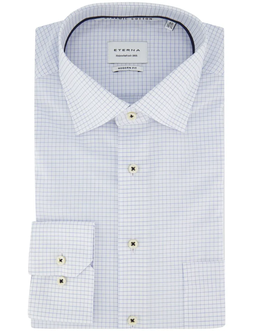 Overhemd Eterna Modern Fit wit geruit blauwe streep strijkvrij