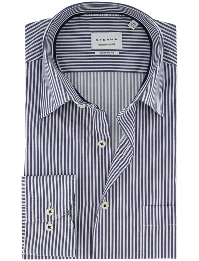 Eterna Eterna overhemd ml 5 wit donkerblauw gestreept strijkvrij katoen