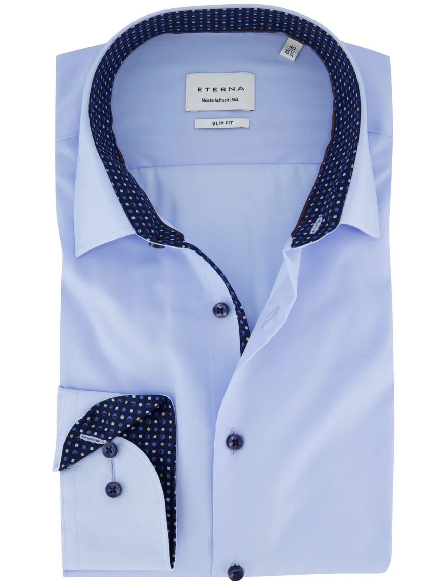 Eterna overhemd slim fit blauw effen strijkvrij semi-wide collar