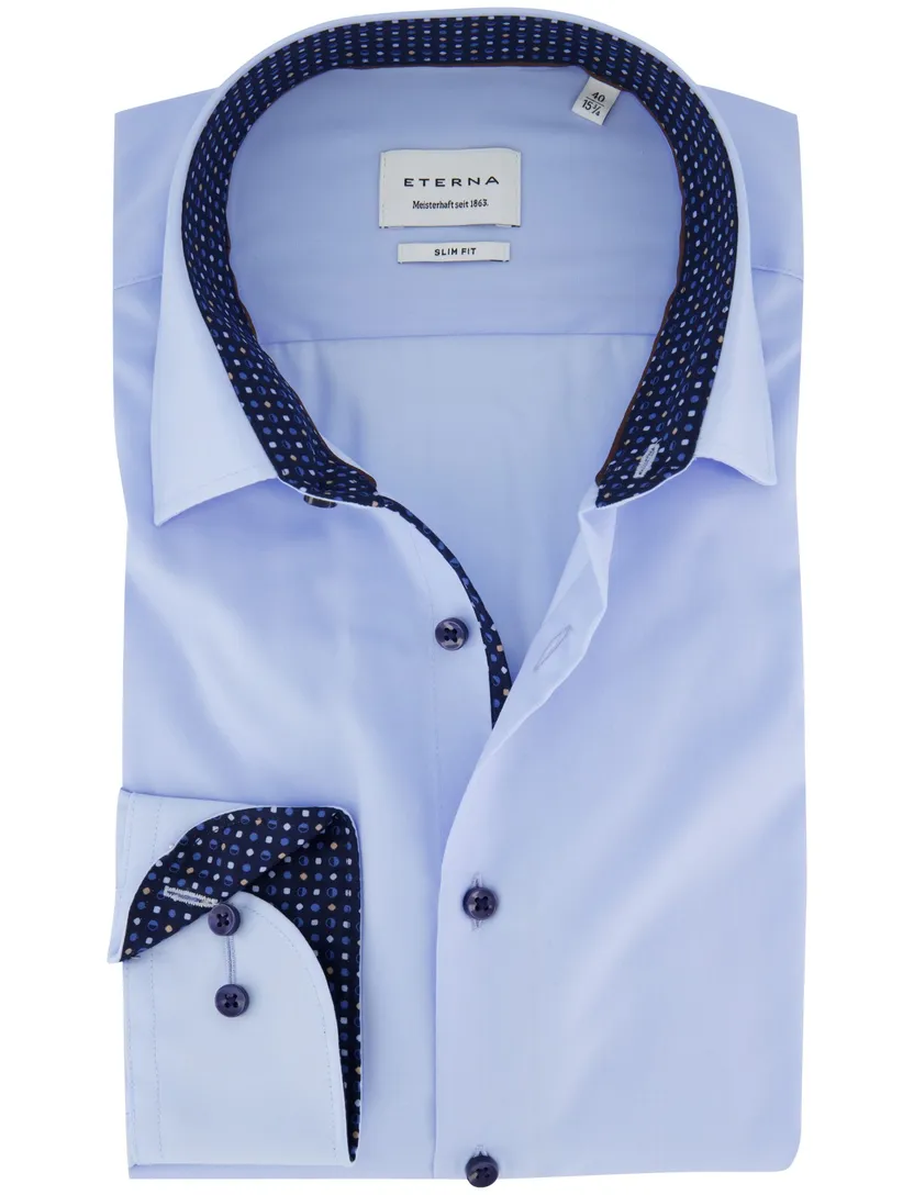 Eterna overhemd slim fit blauw effen strijkvrij