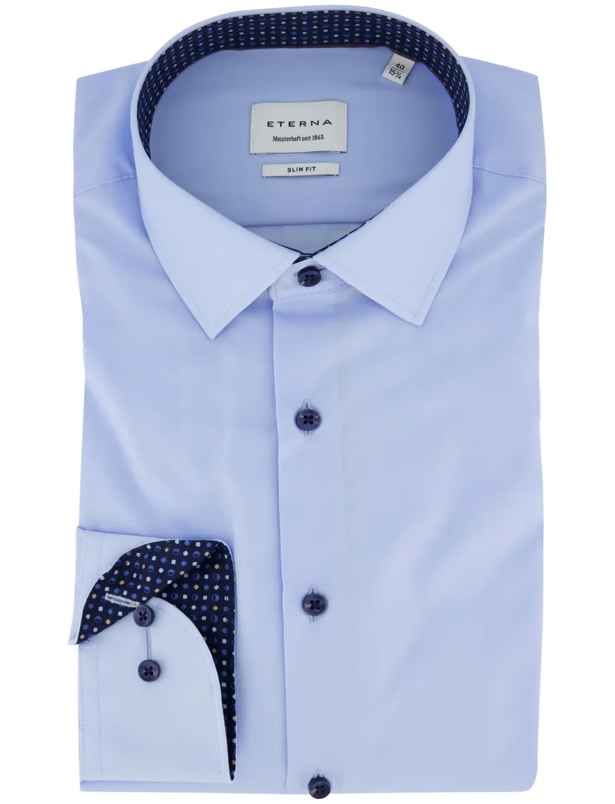 Eterna overhemd slim fit blauw effen strijkvrij semi-wide collar