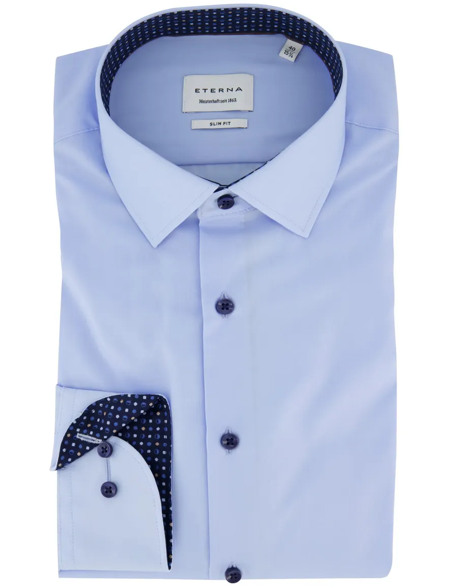 Eterna overhemd slim fit blauw effen strijkvrij semi-wide collar