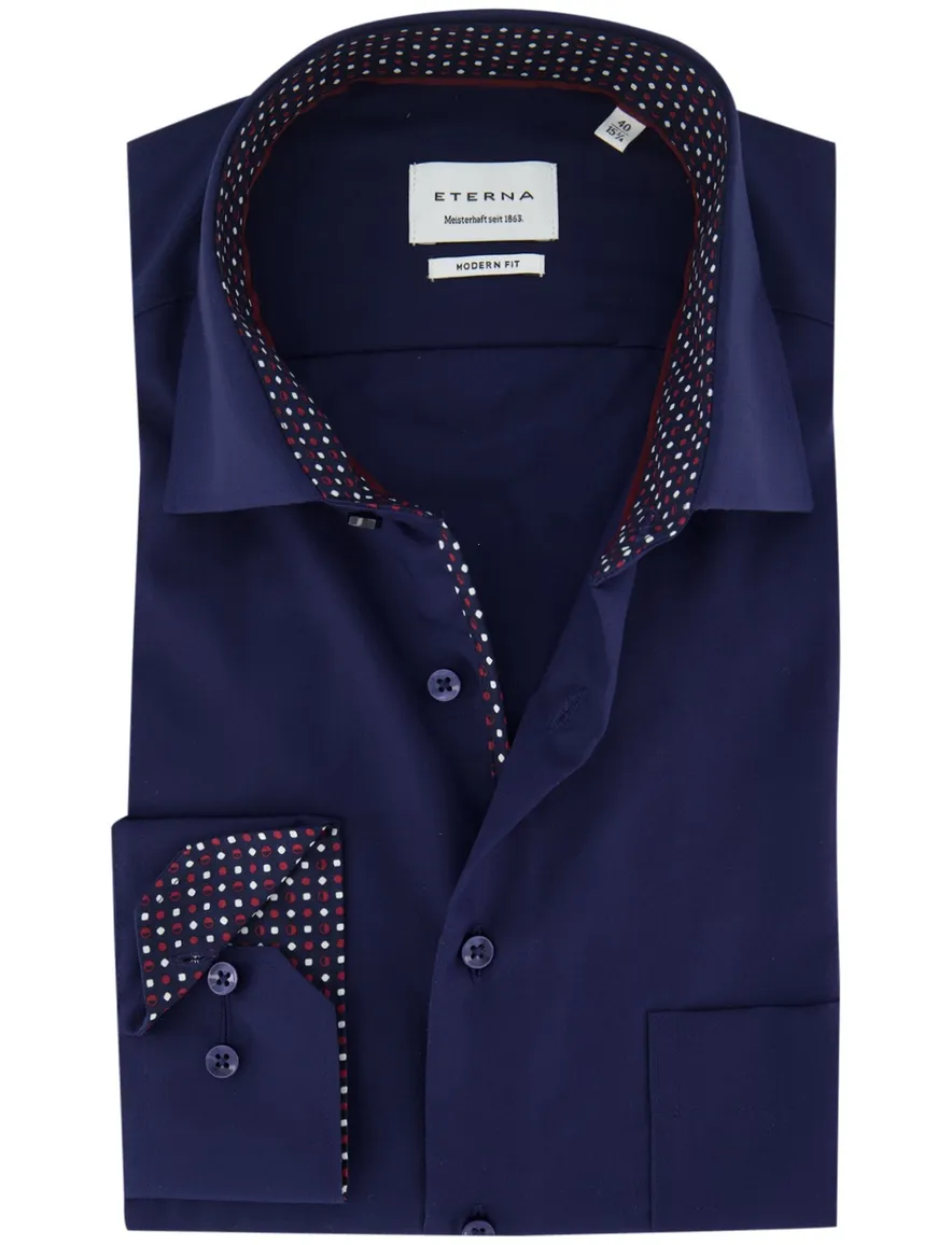 Eterna overhemd ml 5 donkerblauw strijkvrij modern fit borstzak