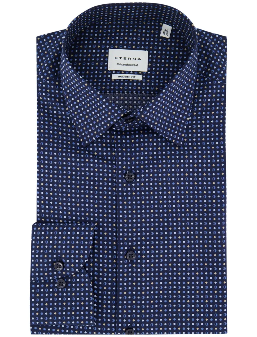 Eterna overhemd ml 5 donkerblauw print modern fit strijkvrij