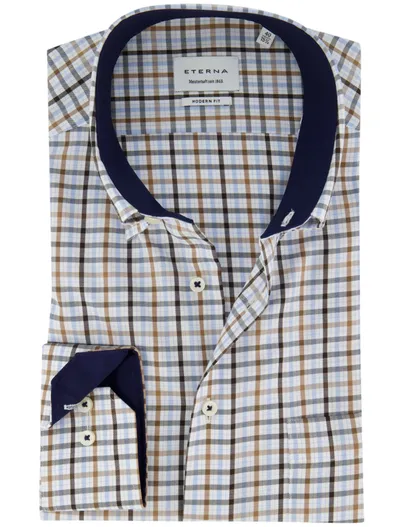 Eterna Eterna overhemd ml 5 blauw bruin geruit
