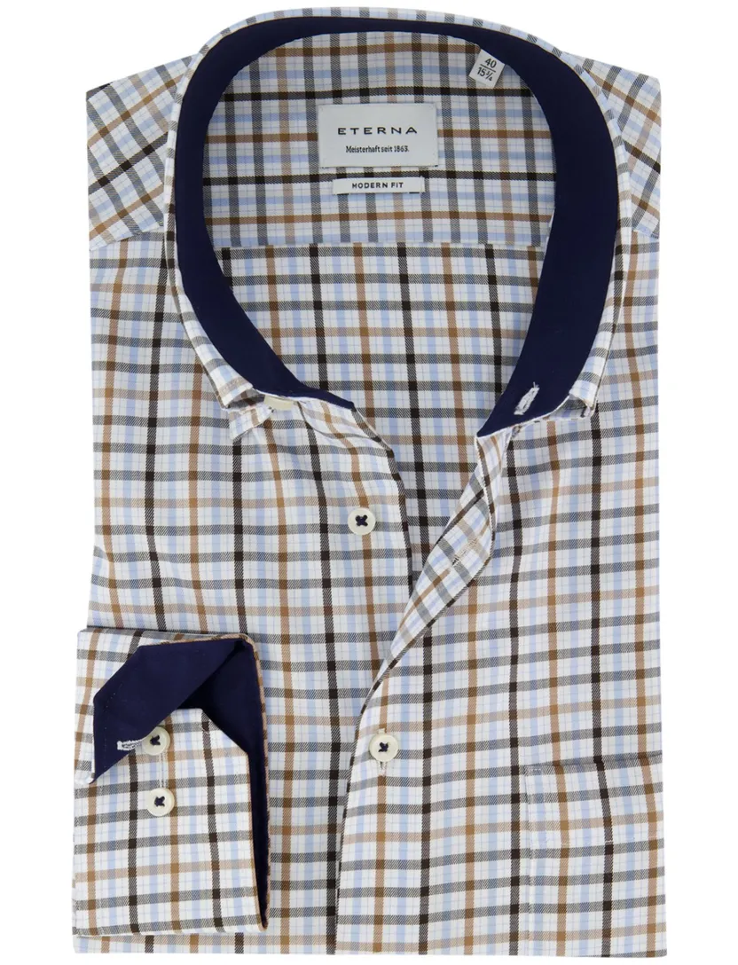 Eterna overhemd ml 5 blauw bruin geruit