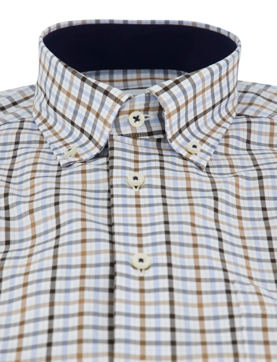 Eterna overhemd ml 5 blauw bruin geruit 100% katoen