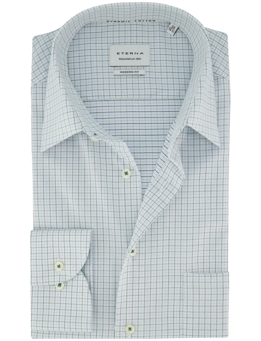 Overhemd Eterna lichtblauw geruit semi-wide spread boord