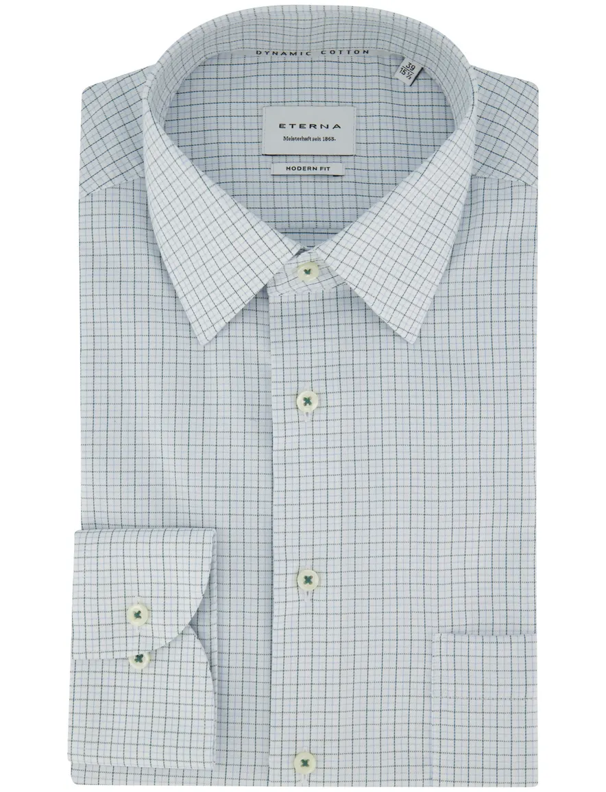 Overhemd Eterna lichtblauw geruit semi-wide spread boord