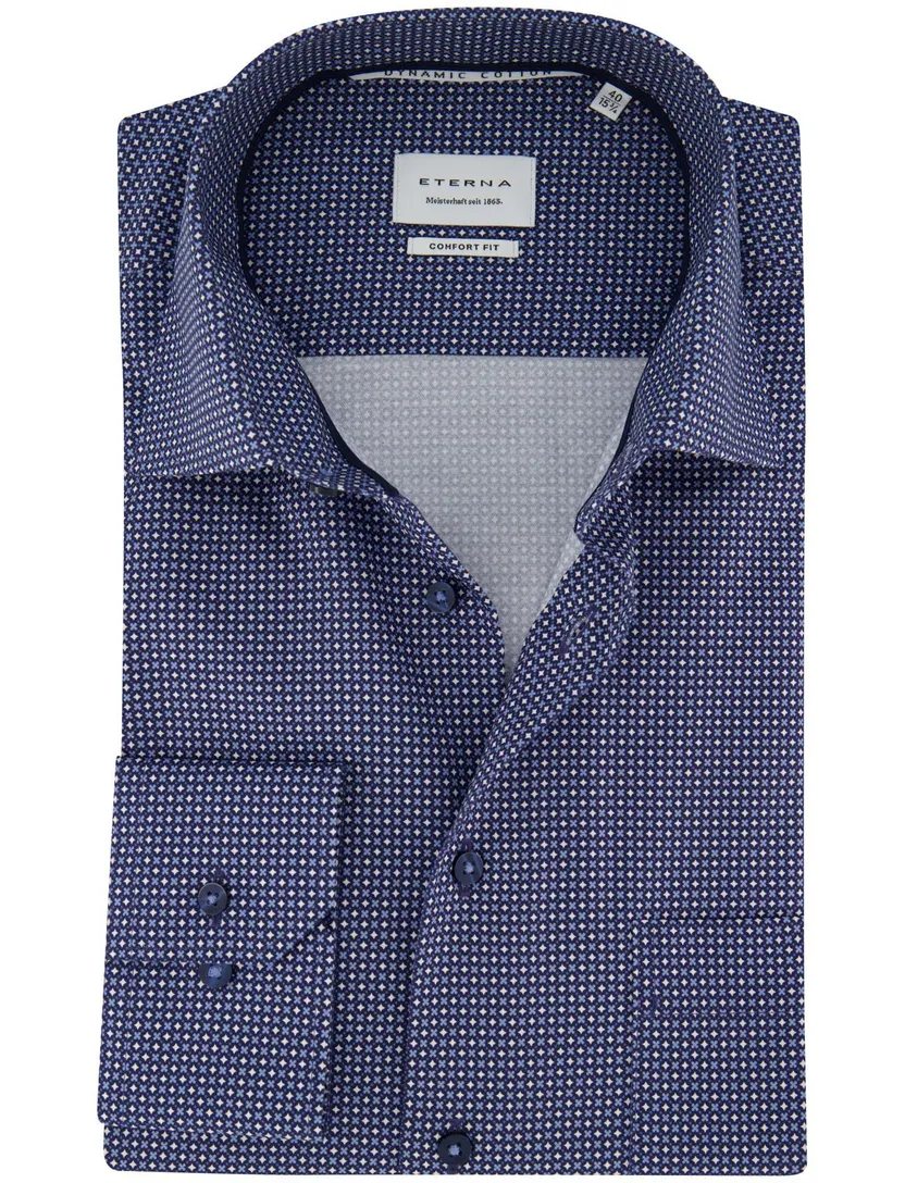 Blauw geprint Eterna overhemd met borstzak