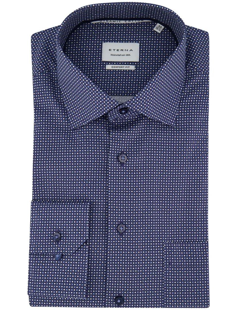 Blauw geprint Eterna overhemd met borstzak