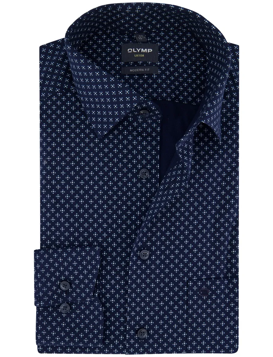 Olymp Luxor Modern Fit Overhemd donkerblauw katoen geprint