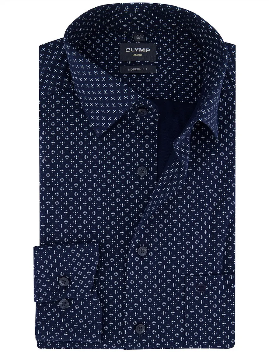 Olymp Luxor Modern Fit Overhemd donkerblauw katoen geprint