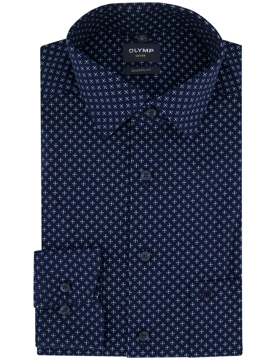 Olymp Luxor Modern Fit Overhemd donkerblauw katoen geprint