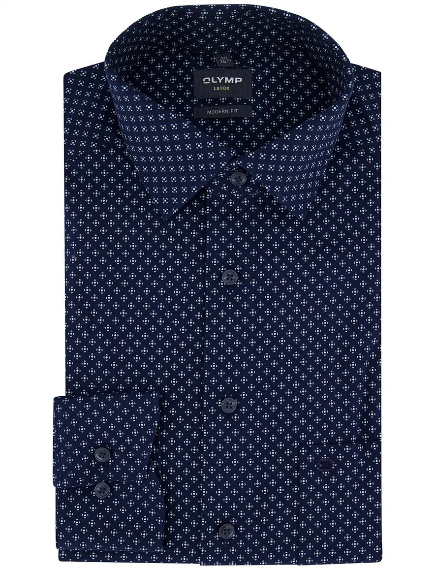 Olymp Luxor Modern Fit Overhemd donkerblauw katoen geprint