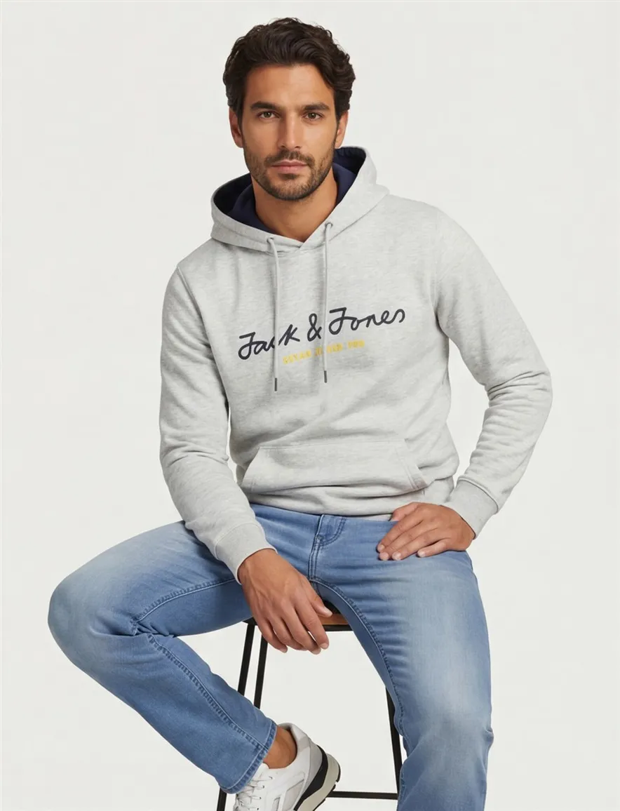 Jack & Jones hoodie grijs katoen met logo gemêleerd