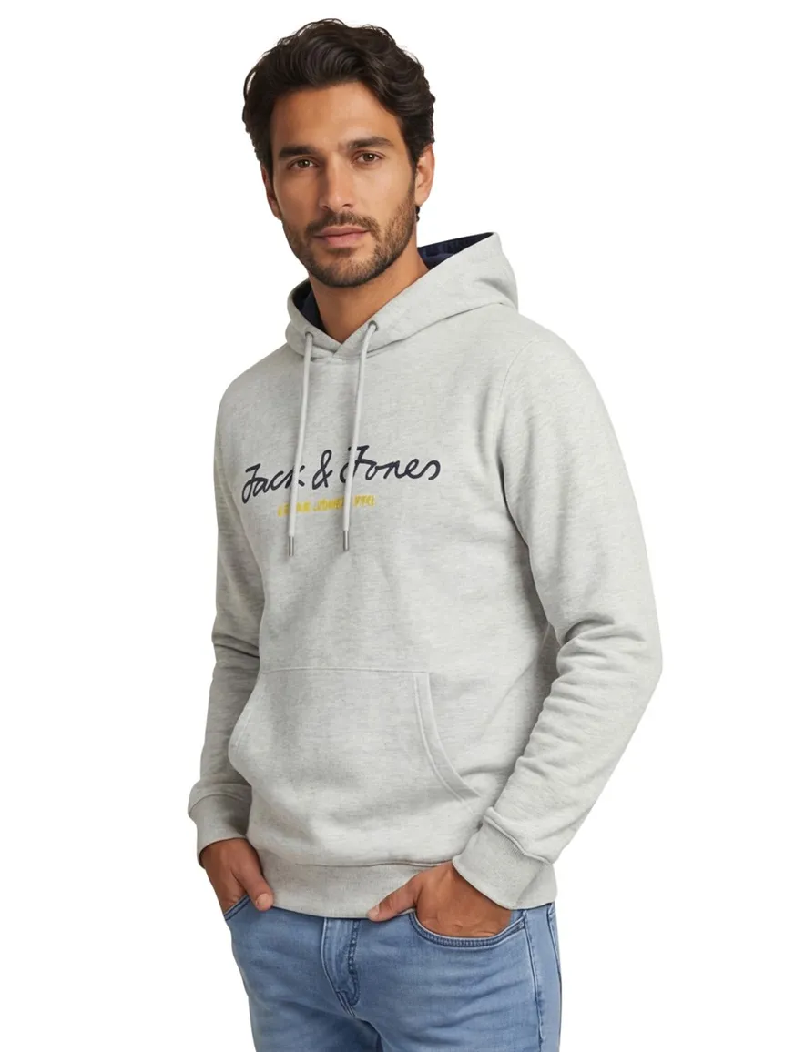 Jack & Jones hoodie grijs katoen met logo gemêleerd