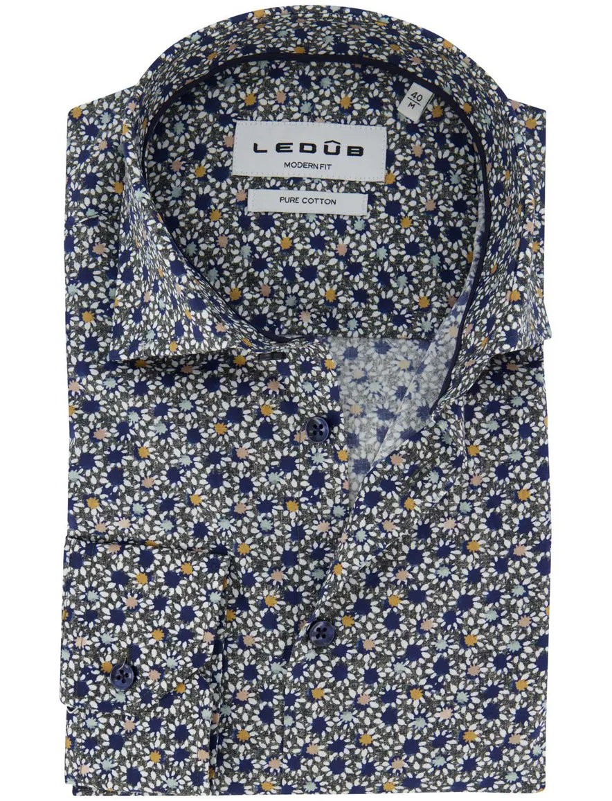 Ledub overhemd geprint donkerblauw modern fit