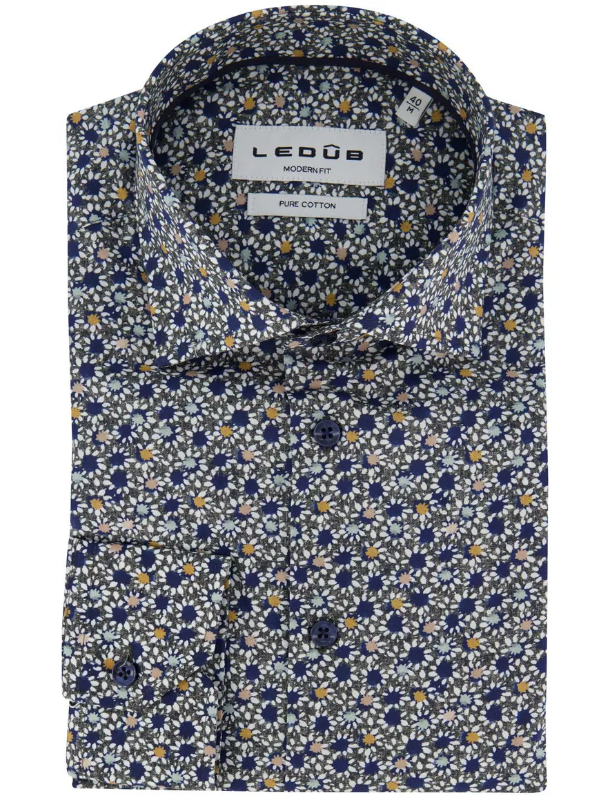 Ledub overhemd geprint donkerblauw modern fit