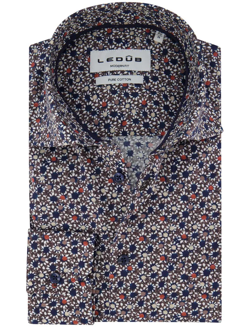 Ledub overhemd geprint navy katoen normale fit mouwlengte 7