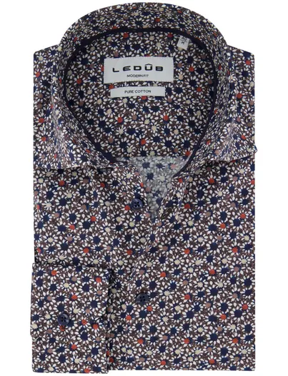 Ledub Ledub overhemd navy print katoen normale fit mouwlengte 7