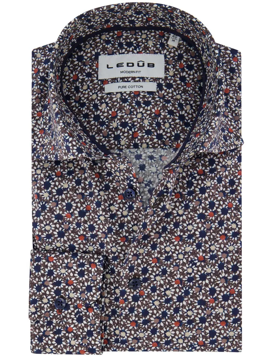Ledub overhemd navy print katoen normale fit mouwlengte 7