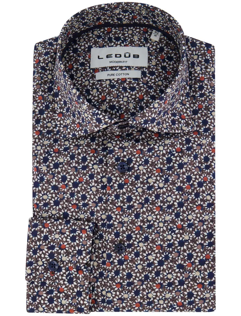 Ledub overhemd geprint navy katoen normale fit mouwlengte 7