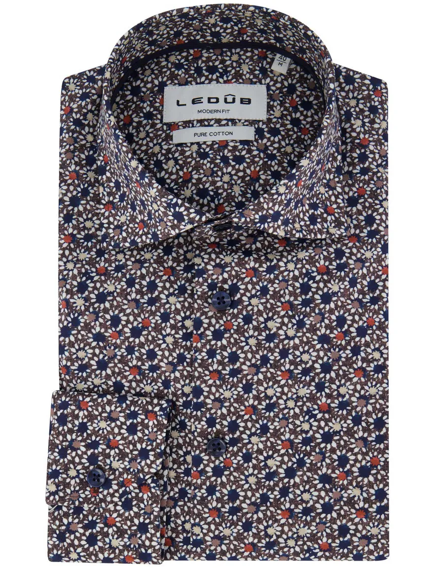 Ledub overhemd navy print katoen normale fit mouwlengte 7
