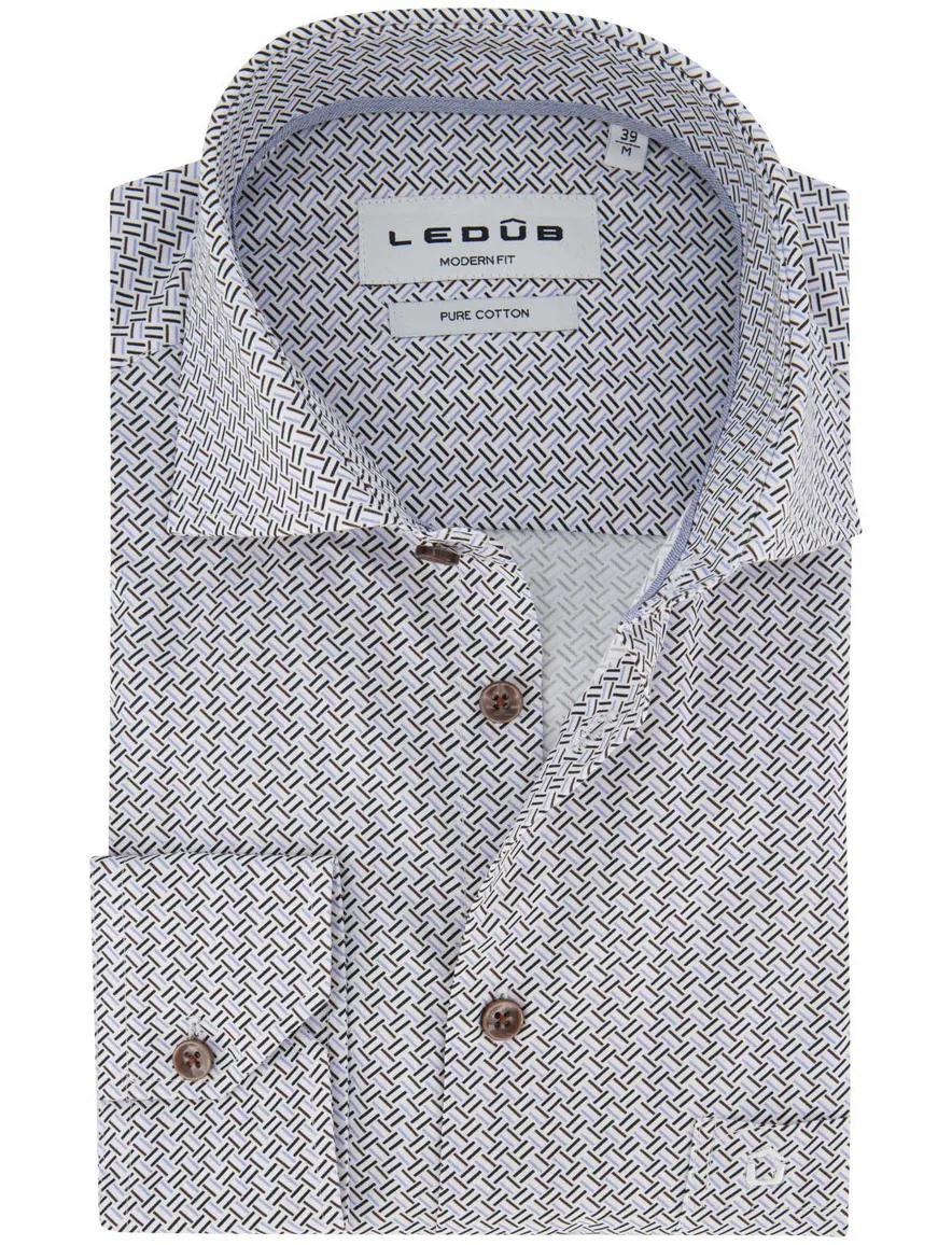 Ledûb overhemd ml 7 wit bruin blauw print