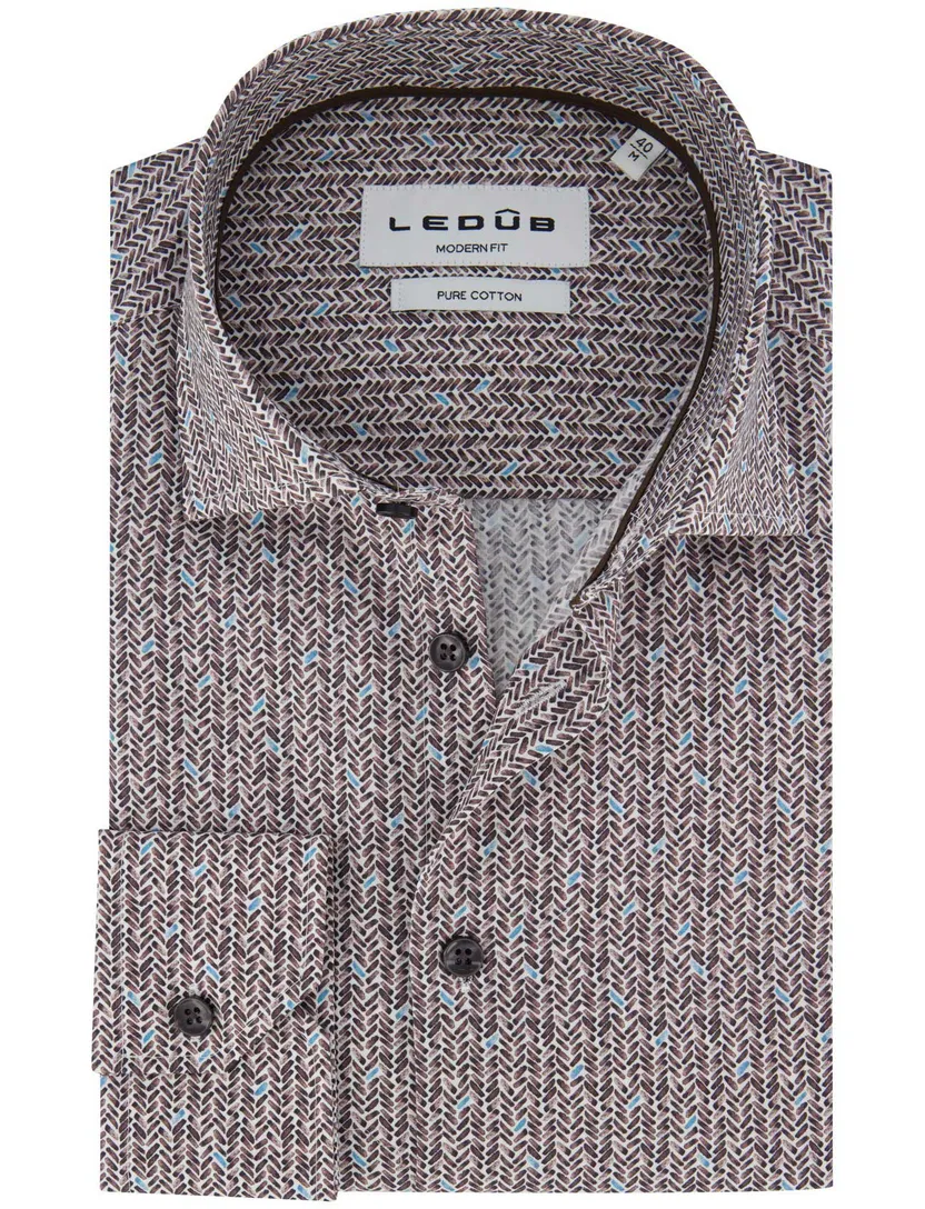Ledub overhemd bruin modern fit geprint