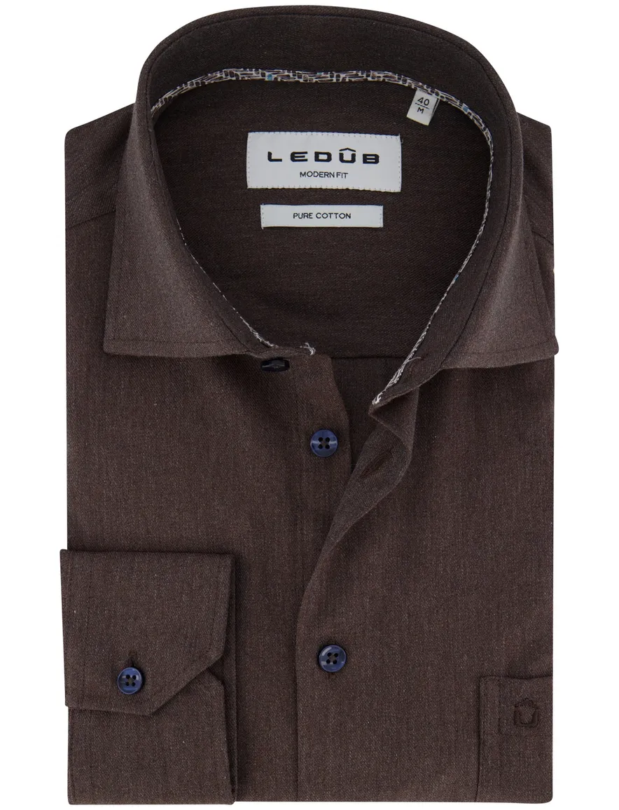 Ledub modern fit overhemd bruin katoen