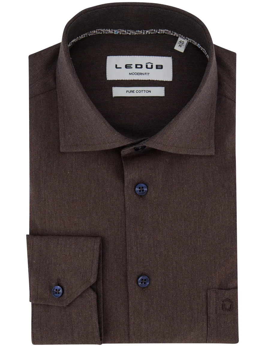 Ledub modern fit overhemd bruin katoen