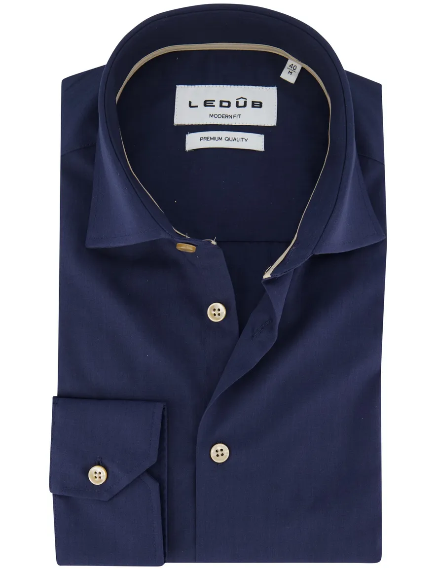 Ledub overhemd donkerblauw effen normale fit